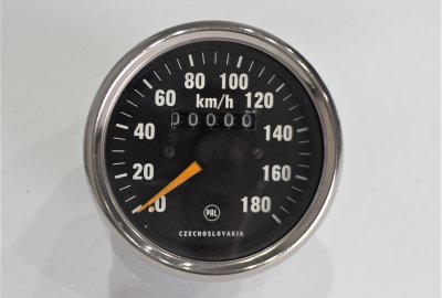 Licznik, 180 km/h, chromowana ramka, żółta wskazówka, Jawa 634-640