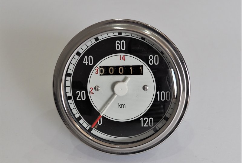 Licznik okrągły, czarny, 120 km/h, oryginał, po renowacji, Jawa, CZ 125/175-photo1