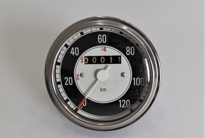 Licznik okrągły, czarny, 120 km/h, oryginał, po renowacji, Jawa, CZ 125/175