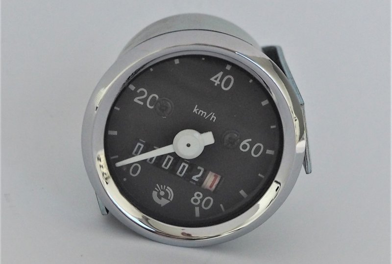 Licznik, 80 km/h, 48 mm, chromowana ramka, biała wskazówka, Jawa 20-23-photo2