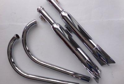 Tłumiki rybki + kolanka wydechu, chrom, zestaw, Jawa 350 typ 354 Kyvacka  ( DUELLS )