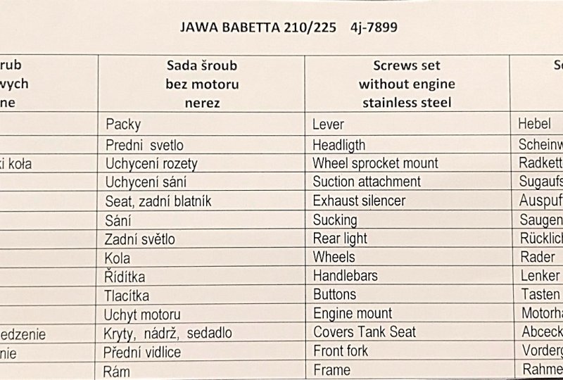 Komplet śrub, bez silnikowych, nierdzewne, Jawa Babetta 210/225-photo2
