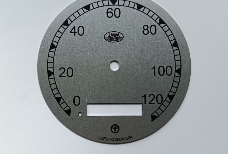 Cyferblat licznika 0-120km/h, srebrno-czarny, Jawa 250 Perak Zbrojovka-photo1