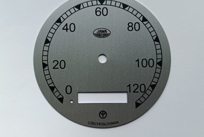 Cyferblat licznika 0-120km/h, srebrno-czarny, Jawa 250 Perak Zbrojovka
