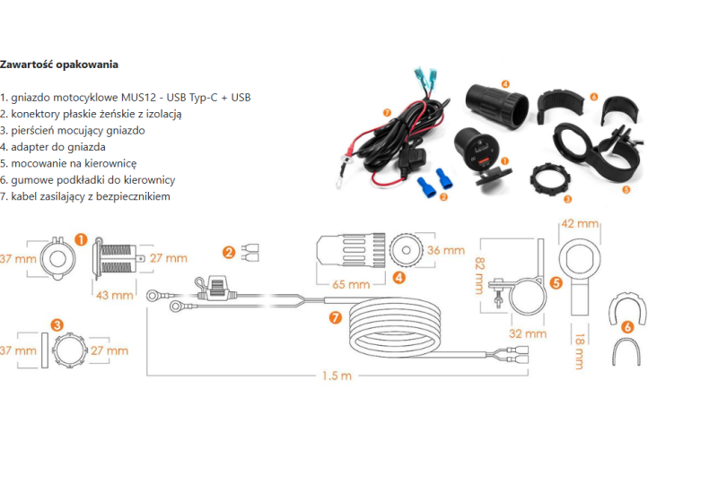 Motocyklowe gniazdo z wyświetlaczem - USB QC + PD - MUS12 + adapter-photo3